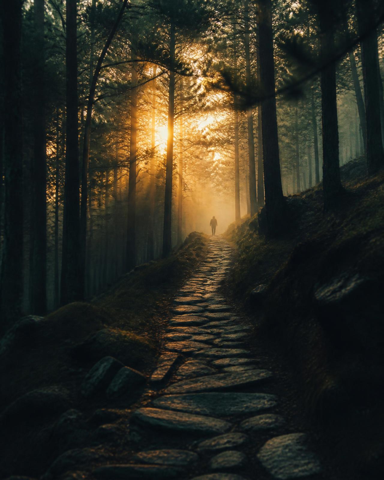 A stone path winding upward through misty forest as dawn light breaks through the trees
